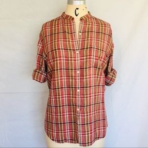 Ralph Lauren Linen Plaid Collarless Button Down
